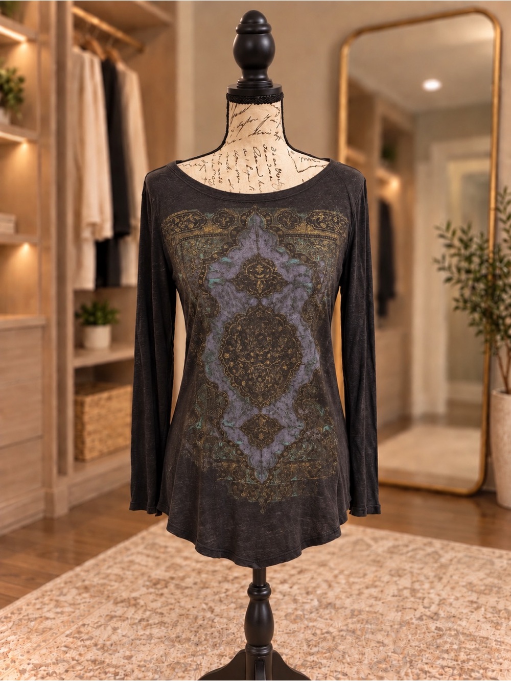Lucky Brand Charcoal Gold Paisley Long Sleeve Tunic Top – Small